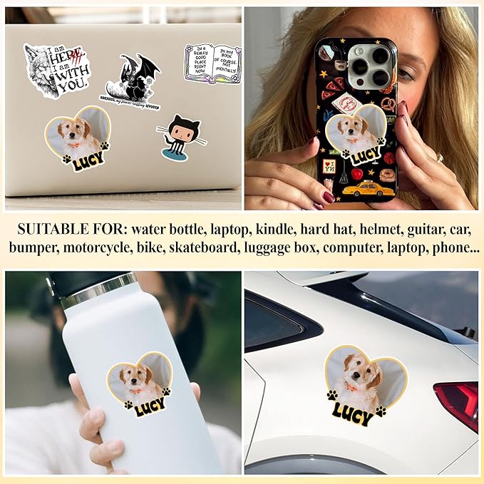 Custom Pet Photo Heart Sticker Personalized Pet Name Decal Cute Pawprint Design Waterproof Durable Vinyl for Laptops Water Bottles Cars Pets Owners Gift Animal Lover Customizable Dog Cat Portrait