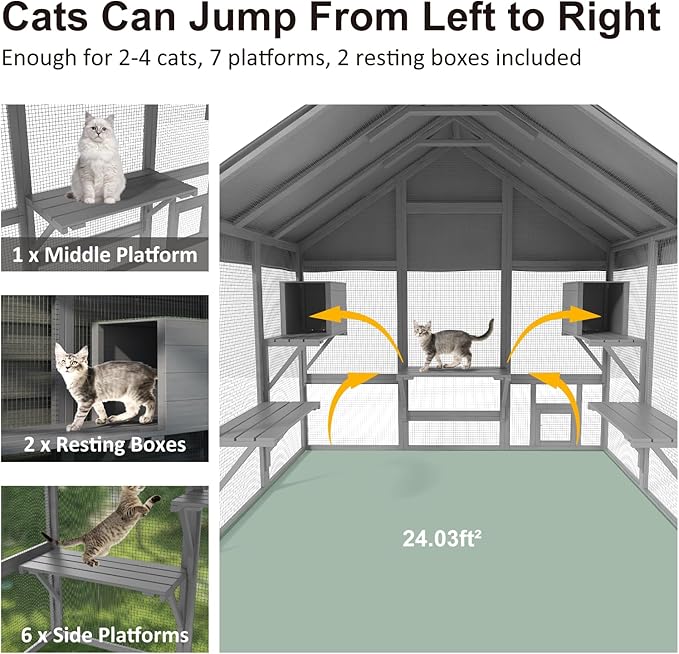 Cat Catio - Large Outdoor Catio Enclosure with 7 Tiered Platforms & 2 Premium Resting Boxes, Weatherproof Cat Cage with UV-Resistant Cover, Spacious Cats Enclosure for Multi-Cats(71"x49"x71")