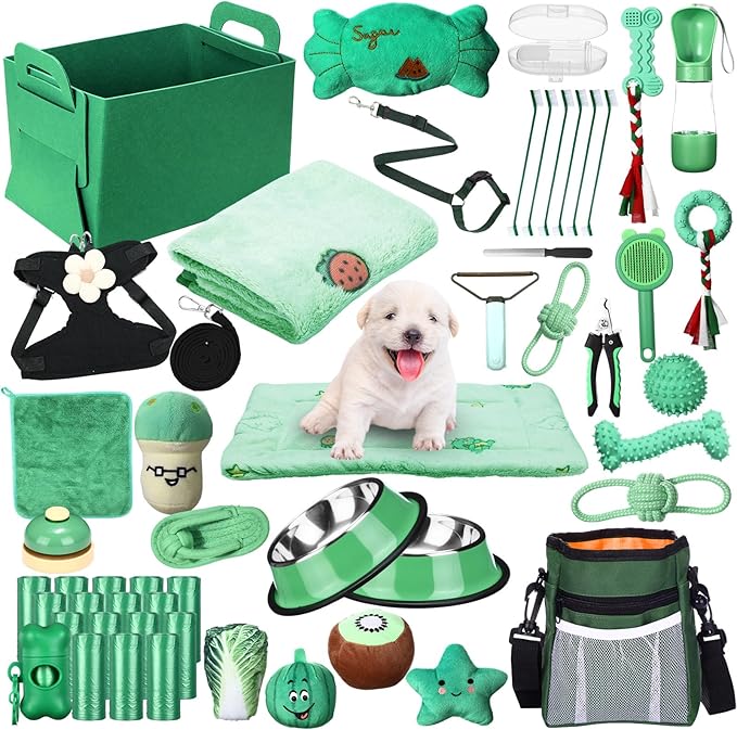 Abbylike 50 Pcs Puppy Supplies Starter Kit for Small Dogs Puppy Essentials Includes Leash, Bowls, Teeth Brushes, Water Bottle, and More Accessories for Dogs Pet Day Welcome Gift(Green)