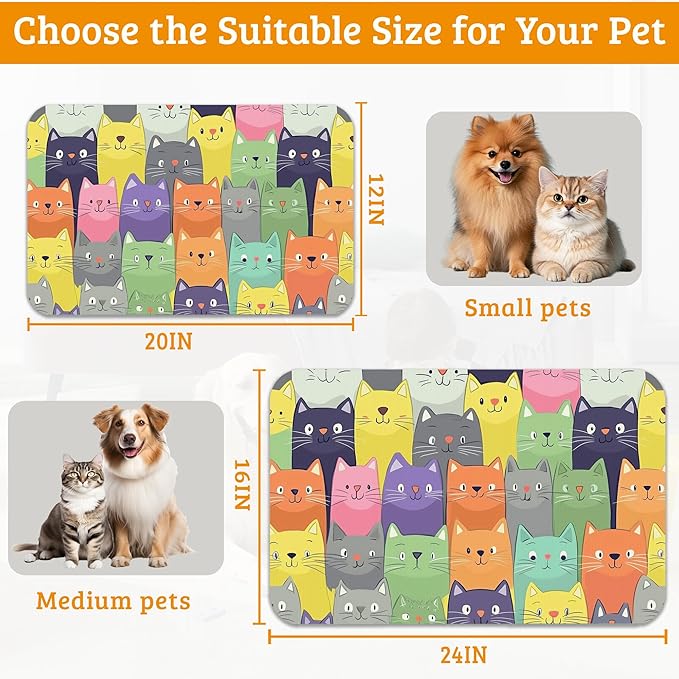 Cute Colorful Cats Dog Food Mat, Absorbent Pet Feeding Mat for Food and Water Bowl,Quick Dry Dog Placemat Non Slip Rubber Backing Waterproof Pet Supplies 12" x 20"