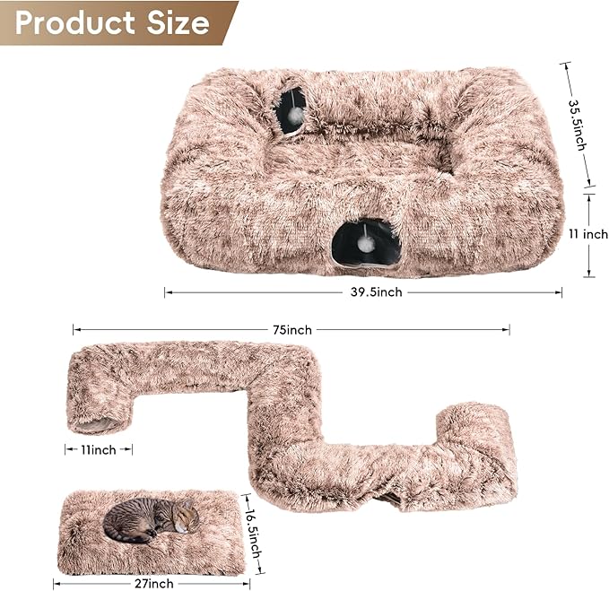 Extra Large Cat Tunnel Bed, 4 Ways Tunnels for Indoor Cats, Multi-cat Family Pet Bed & Cave, Plush Cat Donut with Washable Middle Mat, Exit Balls, Pet Play Toy for Kitten Puppy Rabbit, Brown