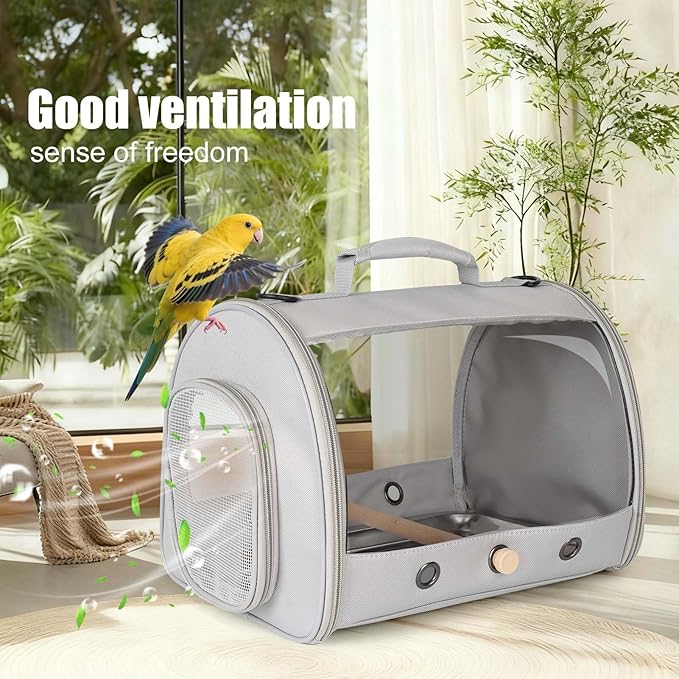 Small Bird Travel Carrier Cage for Long Tail BirdCockatiel Parakeet Parrot, Includes Metal Tray Soft Mat and Wooden Standing Perch, Hands Free Lightweight Clear 2 Windows