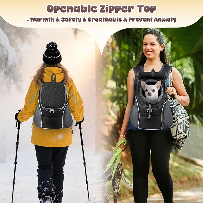 WOYYHO Pet Dog Carrier Backpack with Top and Side Windows, Small Dog Front Backpack Ventilated Dog Back Pack with Safety Belt for Travel Hiking Outdoor Adventures (Size M: 5-9 lbs, Black 2.0)