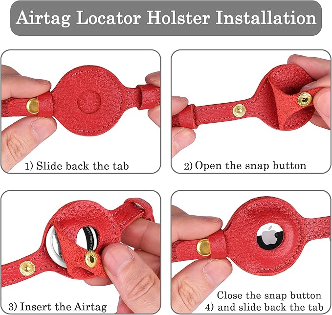 OOPSDOGGY Leather AirTag Cat Collar with Bell - Non Breakaway Kitten Collar with Apple Air Tag Holder - Lightweight GPS Pet Collars for Girl Boy Cats, Small Dogs, Puppies (Red)