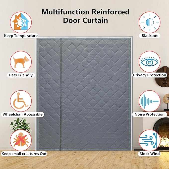 Reversible Wide Magnetic Thermal Insulated Door Curtain for Winter,Thicken Polyester Fiberfill & Heavy Duty Oxford Cloth,Temporary Window Insulation Cover Curtain for French Sliding Door,74”x81,Grey