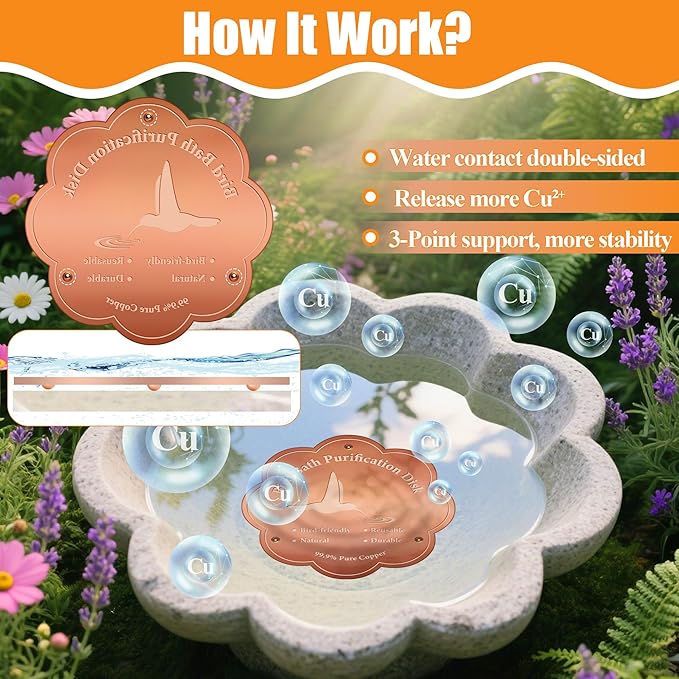 2P 4inches Bird Bath Purification Disk, 99.99% Pure Copper Bird Bath Disc Safe Birdbath Cleaner Disks for Outdoor All-Season Use 0.6mm Birdbaths Copper Disk with 3 Point Support
