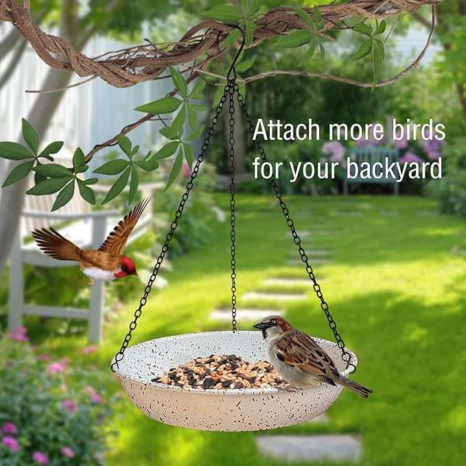 Hanging Metal White Birdbath with Gold spot 11 inches Wildbird Bird Feeder for Outdoor with Black Chains for Garden Yard Decor