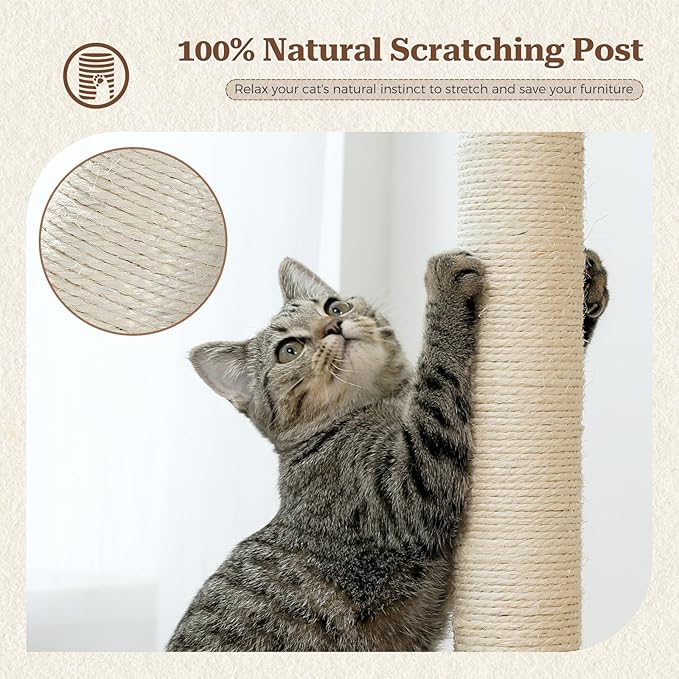 PETEPELA Floor to Ceiling Cat Tree, 92.9''-101.6''Height Adjustable Cat Tower Tall Cat Climbing Play House, Cozy Condo, Scratching Post and Spacious Hammock for Indoor Cats Large Adult, Beige