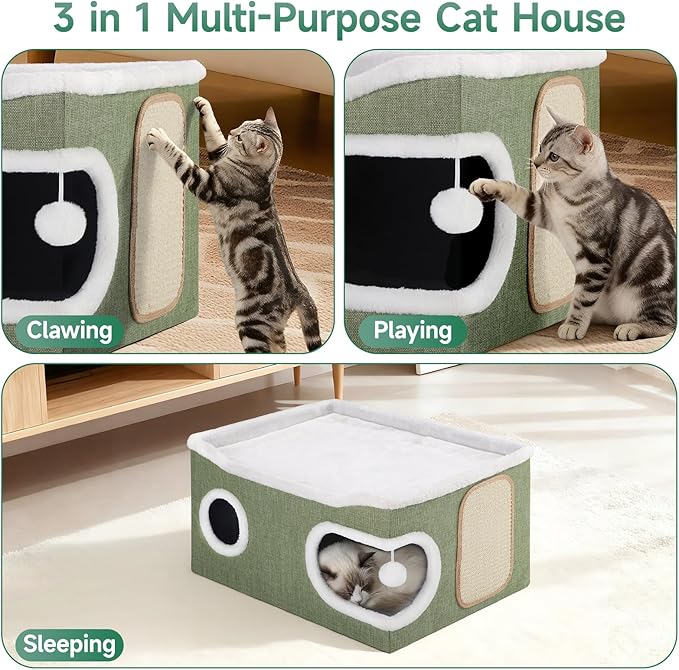 Cat Beds for Indoor Cats, Extra Wide Cat Cube House for Multi Cats, Foldable Cat Cave Hideaway with Arc-Edge Design & Oval Door, Double-Side Soft Cushion for All Seasons, 24"L x 17.7"D x 12.6"H, Green