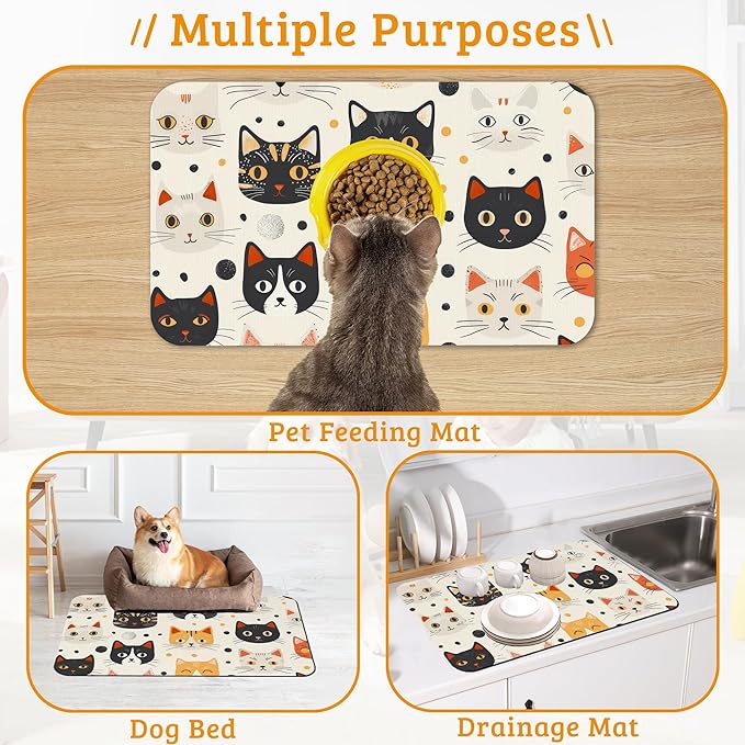 Cats Dog Cat Food Mat,Absorbent Waterproof Placemat for Food and Water Non Slip Rubber Backing Durable Feeding Pad for Clean Floors 16" x 24"