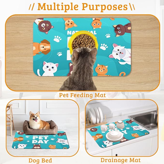Pet Dog Cat Food Mat,Animal Paws Absorbent Waterproof Placemat for Food and Water Non Slip Rubber Backing Durable Feeding Pad for Clean Floors 12" x 20"