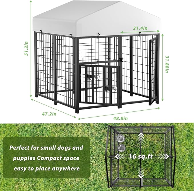 LOVMOR Outdoor Dog Kennel with Roof, Heavy Duty Steel Dog Run Enclosure for Small Dogs, Waterproof Canopy, Double Latch Door, Adjustable Feeding Bowls, Pet Pen for Yard and Patio, 4’L x 4’W x 4.25’H