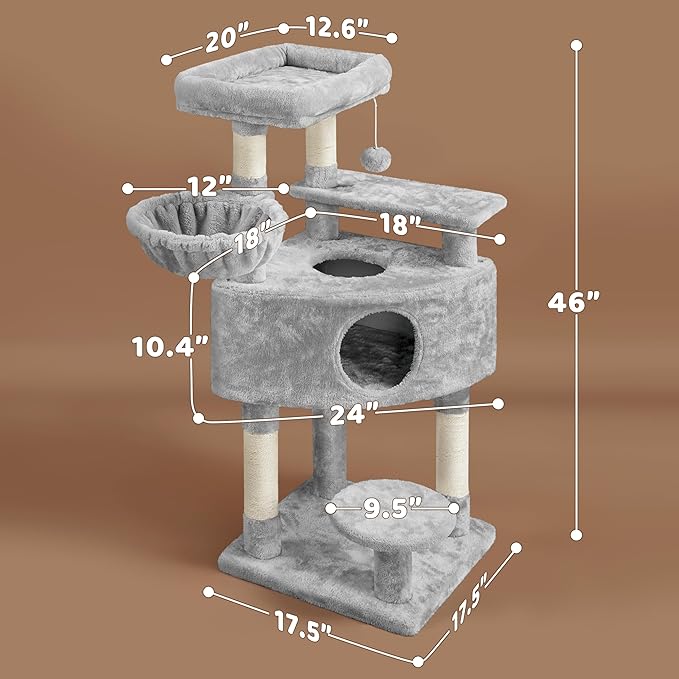 Yaheetech 46in Cat Tree Tower | Multi-Level Indoor Activity Center with Spacious Condos, Scratching Posts, Large Top Plush Perch | Sturdy, Easy to Assemble | for Kittens, Adult & Senior Cats