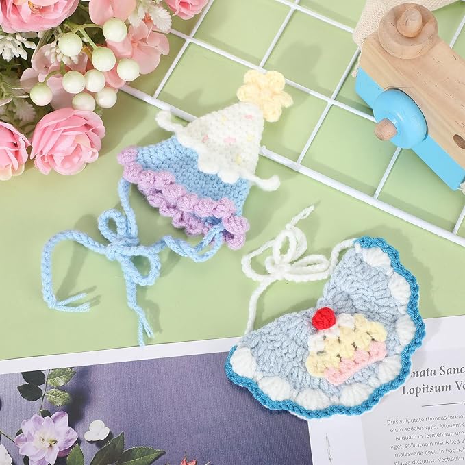 Sanwuta 2 Pcs Cat Birthday Party Supplies, Knit Cat Hat Kitten Birthday Bib Knit Bandana Pet Party Costume Headwear Accessories for Puppy Kitten Small Dogs Animals(Blue)