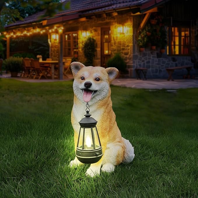 Akita Statue Outdoor Decorations – Dog Statues Outdoor Sitting Akita with Hanging Solar Light and Welcome Sign with Replaceable Solar Light & Welcome Sign for Porch Décor