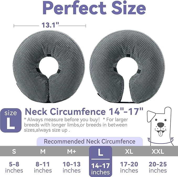 Soft Inflatable Dog Cone Collar Alternative After Surgery - Dog Neck Donut E Collar for Large Medium Small Dogs Cats Post Surgery - Recovery Collar to Stop Licking - Grey, L