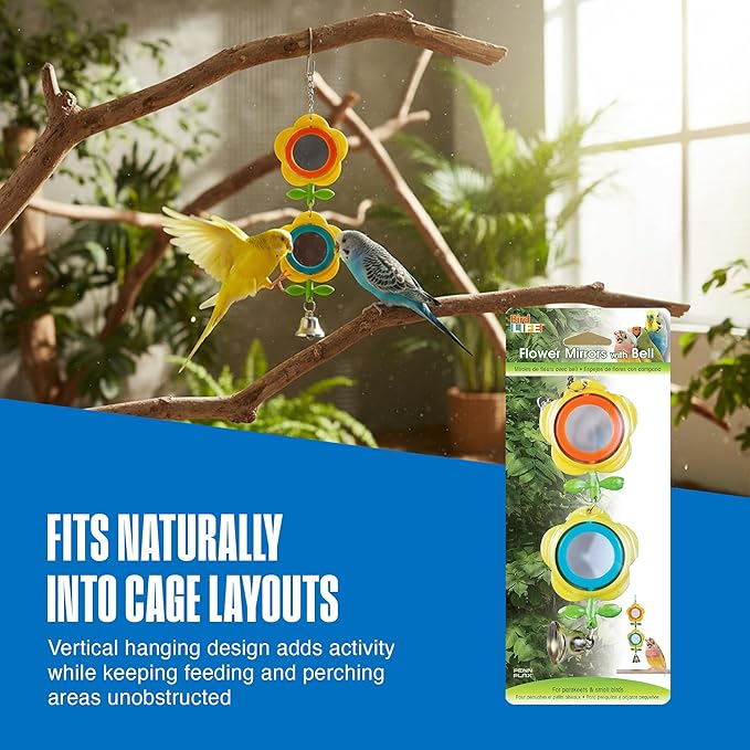 Penn-Plax Bird Life Two Flower Mirror with Bell - Interactive Bird Toy with Spinning Floral Mirrors & Hanging Bell - Colorful Cage Accessory for Parakeets & Finches, Easy to Install - 3.75×1×9.2 in