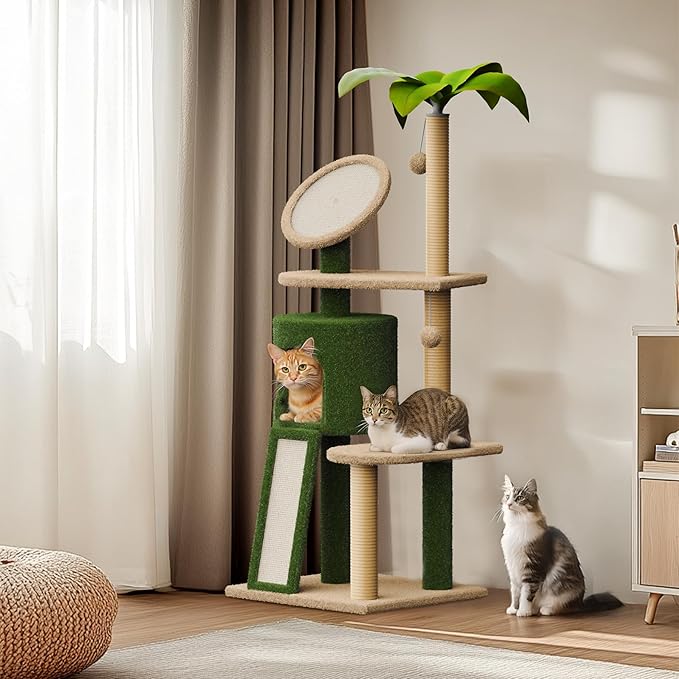 Erinnyees 57" Coconut Cat Tree for Indoor Cats, Multi Level Cat Tower with Plush Condo, Spacious Platform, Sisal-Covered Scratching Posts, Cat Activity Center with Hang Ball Toy, Pet Furniture, Green