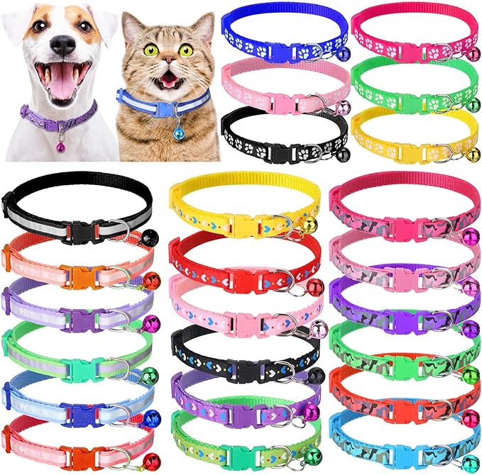 Yunsailing 24 Pcs Cat Collars with Bells for Litter Cat Puppy Soft Nylon Whelping Adjustable Reflective Kitten Collars for Newborn Pets Dogs Kitten, Assorted Colors