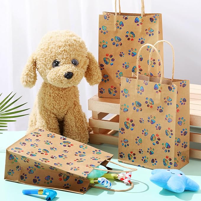 Blulu 20 Pcs Puppy Dog Paw Gift Bags with Paper Twist Handles, Dog Gift Paper Paw Treat Goodie Bags for PET Treat Party Favor, 6.3 x 3.1 x 8.6 Inch(Kraft Backing, Dazzling Paws)