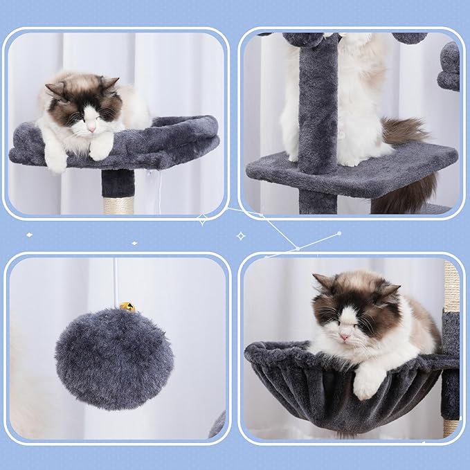 Hey-brother Cat Tree Tower, Scratching Posts with Removable Toys, Cozy Condo, Platform, Hammock, Sisal Scratch Board and Ball for Indoor Kittens, 41.3 Inches, Smoky Gray MPJ008SG