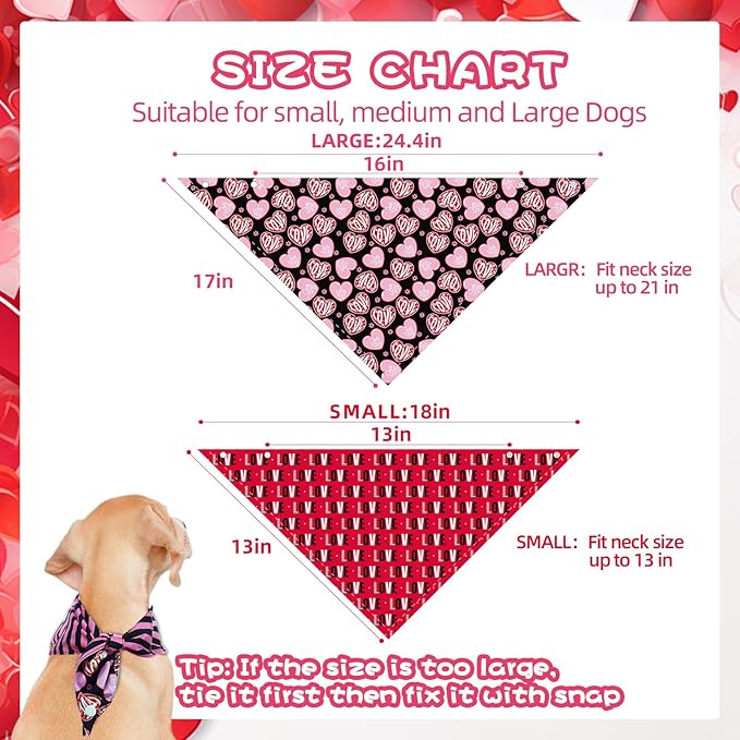 PAWCHIE Valentine's Day Dog Bandanas 4 Pack, Reversible Dog Party Triangle Scarf Bibs, Pet Holiday Costume with Adjustable Snaps, Multiple Love-Themed Patterns for Medium Dogs Puppy,Cats Pets, L