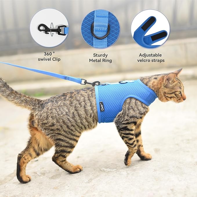 Cat Harness and Leash for Walking Escape Proof Breathable Mesh Fabric, Solid Blue, Medium, Adjustable Cat Walking Jackets, Padded Stylish Cat Vest