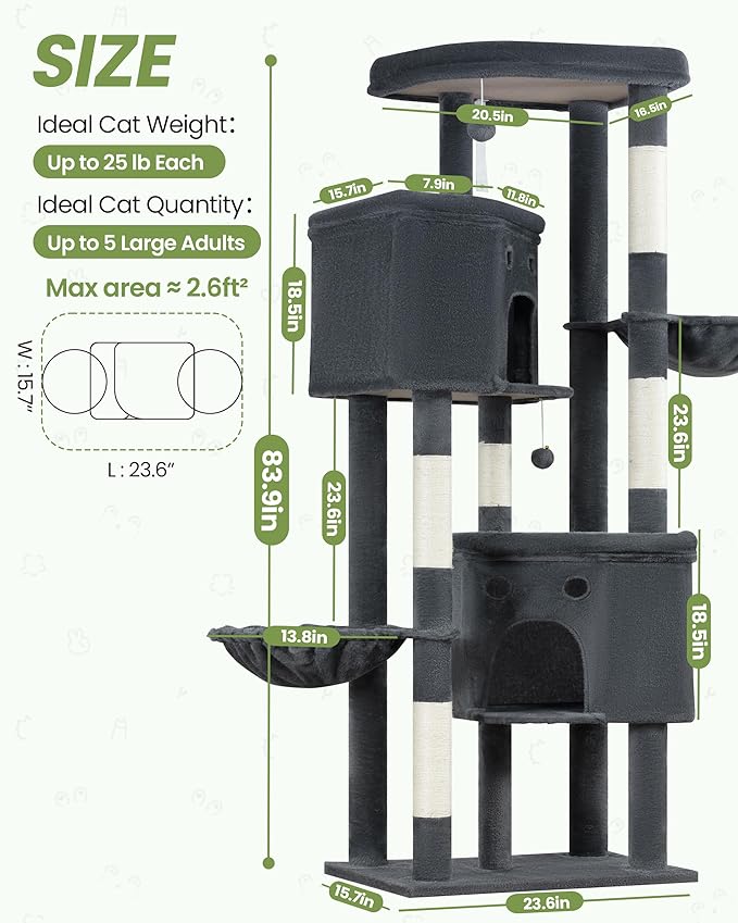 Extra Large Cat Tree, 84 Inch XXL Giant Cat Tower for Indoor Cats Large Adult 20lb+, Multi-Level Cat Climbing Condo with 5 Scratching Posts, 3 Wide Platform Perches, 2 Baskets, 2 Cat Caves, Dark Grey