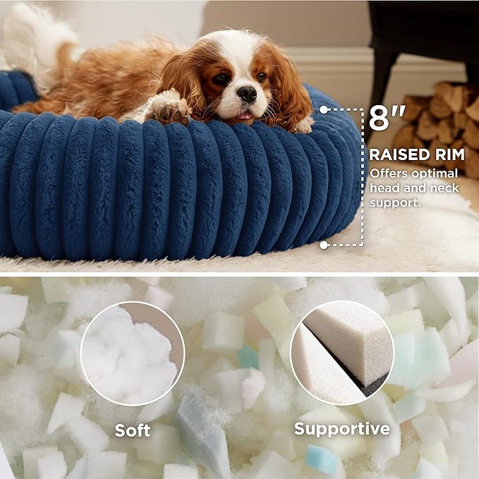 Bedsure ComfyFleece™ Donut Medium Dog Bed - Washable Faux Fur with Corduroy Fleece & Anti Slip Bottom, Round Pet Beds with Removable Cover, Night Blue, 30x30x8 inches