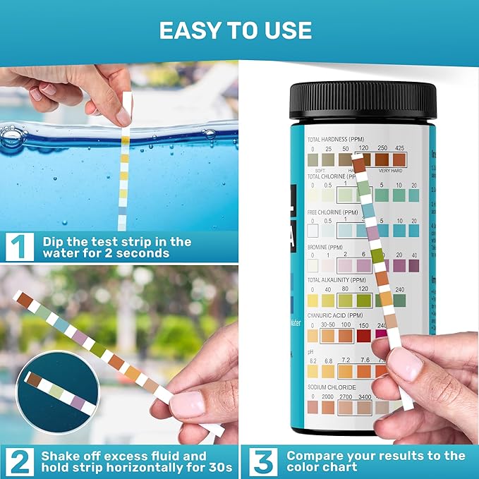 Pool Test Strips 8-in-1, 150 Quick and Accurate Pool and Hot Tub Test Strips - Pool Water Testing Kit for Chlorine, Bromine, pH, Hardness, More - All in 1 Swimming Pool Test Strips by JNW