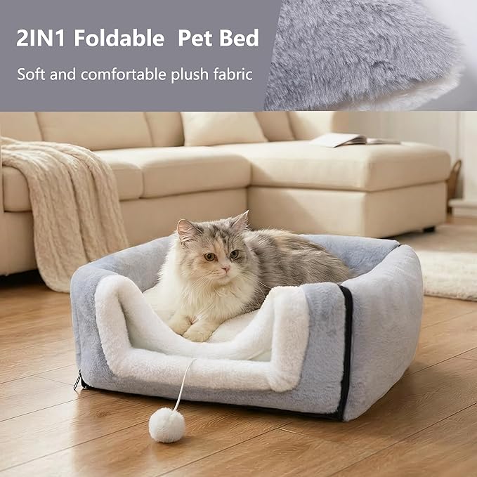 Cat Bed for Indoor Cats，Foldable cat cave，Anti-Slip & Water-Resistant Bottom，cat Houses for Indoor Cats or Small Dogs, Kitten Tent, Rabbit Bed，2 in 1 pet Bed (Grey)