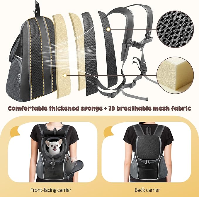 WOYYHO Pet Dog Carrier Backpack with Top and Side Windows, Small Dog Front Backpack Ventilated Dog Back Pack with Safety Belt for Travel Hiking Outdoor Adventures (Size L: 10-14 lbs, Black 2.0)