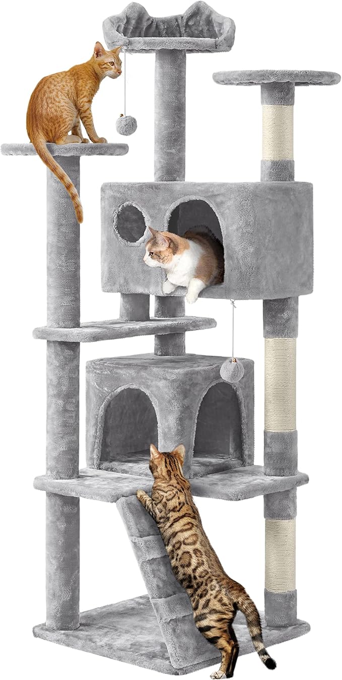 Yaheetech 62in Cat Tree Cat Tower for Indoor Kitty, Pet Furniture w/Double Condo, Scratching Posts, Multiple Platforms and Balls for Kittens, Light Gray