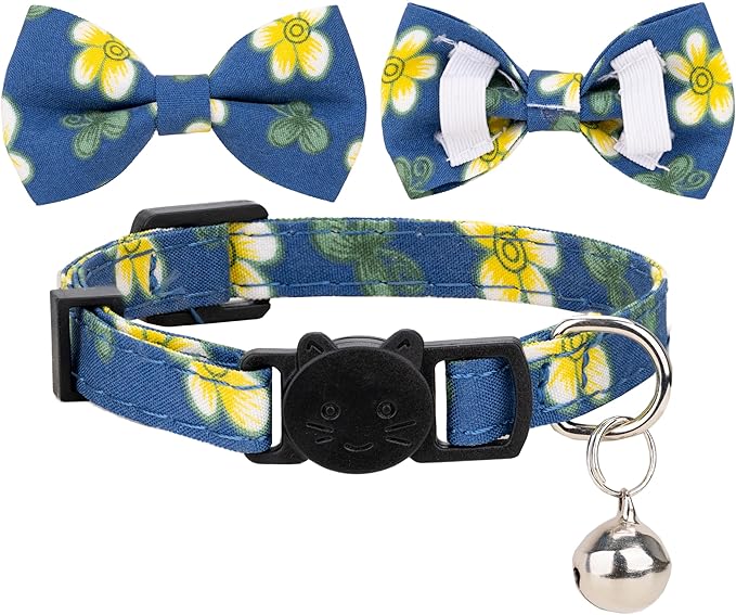 Collar for Cat Pet Breakaway with Bell Bowtie Detachable Bow Adjustable Safety Kitten Puppy Girl Boy 2pcs Flower-Blue & Yellow