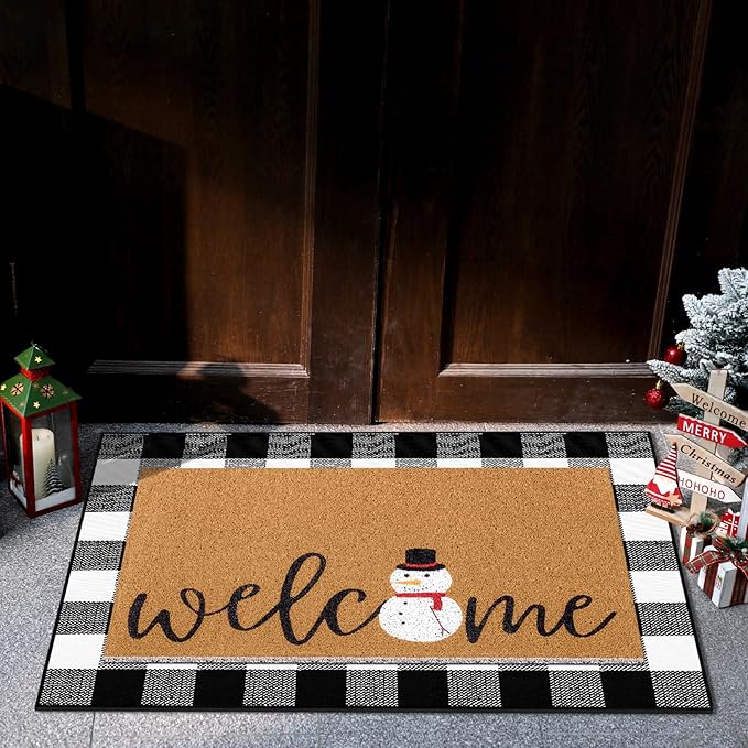 Tinideya 2 Pcs Winter Door Mat Snowman Welcome Non Slip Coir Mats Snow Black White Buffalo Plaid Floor Layering Doormats Seasonal for Front Porch Entryway Decor(Snowman)