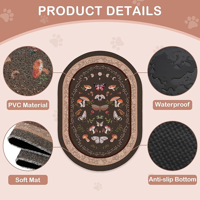 Bienbee Cat Litter Mat, 33" x 22" Large Size Litter Box Mat Rug with Non-Slip Bottom,Urine and Water Proof, Easy to Clean Cat Supplies Essentials for Indoor Kitty Kitten Floor,Brown Mushrooms L