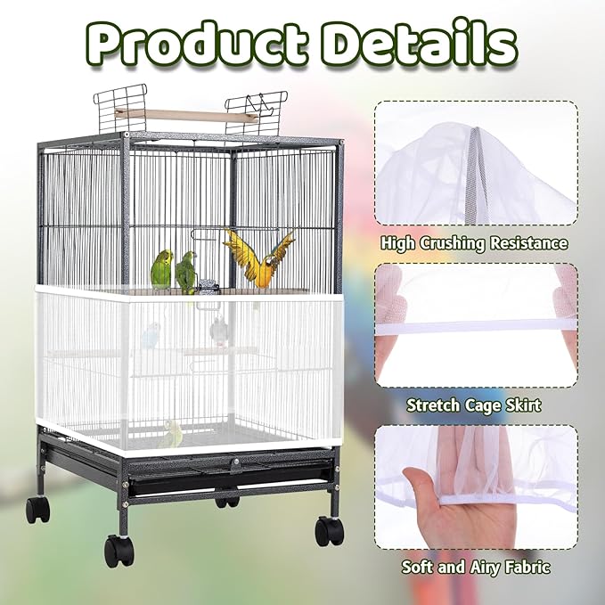 Adjustable Bird Cage Cover, 41-67‘’Bird Cage Seed Catcher Guard White Soft Airy Nylon Mesh Net Birdcage Cover Skirt Netting Seed Catcher Birdcage Accessories for Parrot Enclosures Cages