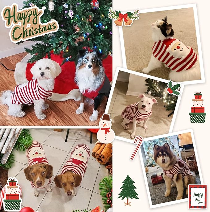 Dog Christmas Sweater Xmas Pet Clothes Cute Striped Santa Claus Costume Holiday Puppy Cat Jumpers Outfits New Year Gifts for Small Medium Large Dogs (XL, Red White Stripe Santa Claus)