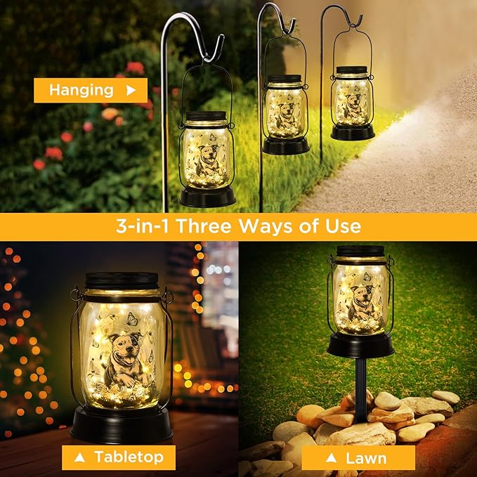Pit Bull Gifts for Women/Men Pit Bull Solar Lanterns Mom Birthday Pibble Dog Lovers Lantern Pet loss Animal Bully Memorial Lights Solar Garden Decoration for Yard, Patio,Backyard,Porch Torches