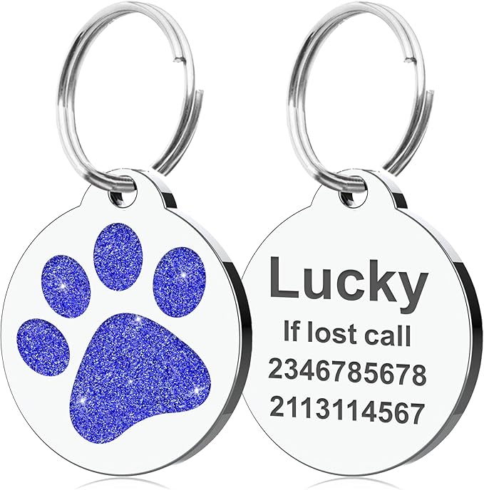 Dog Tags Personalized for Pets Dog Name Tags Personalized Dog Tag Engraved with Any Name & Text Custom Dog ID Tags Glitter Bone ID Tag for Puppy Cat (Blue-Round, L)