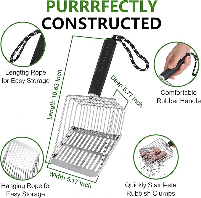 [2026 Version]Efficient Metal Cat Litter Scoop- Stainless Steel Cat Litter Scooper with Holder, Heavy Duty Litter Sifter, Pooper Scooper Kitty Litter Box Scooper-Cat Scooper for Litter Box Cleaning