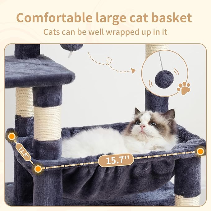 Heybly Cat Tree, Kitten Tower with Large Soft Cat Basket, Cat Condo with Spacious Cat Bed Cave with Hidden Space, Sisal-Covered Scratching Posts, Dangling Ball for Indoor Cats, Smoky Gray HCT008SG
