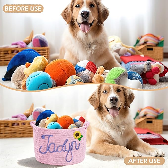 Personalized Dog Toy Storage Basket Custom Cotton Woven Bin with Pet's Name Rope Storage Organizer for Dog's Toys Clothing Blankets