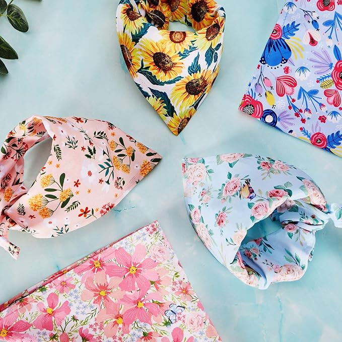Weewooday 8 Pcs Floral Dog Bandana Spring Flower Pet Triangle Bib Scarf Daisy Rose Pet Bandana Suitable for Most Dog and Cat(Cute Pattern)