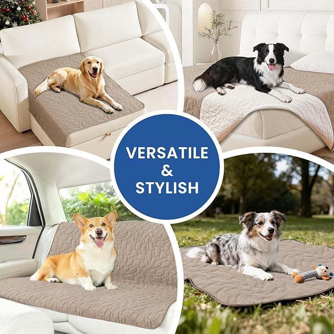 Waterproof Dog Blanket, Non-Slip Soft Pet Bed Cover, Couch Cover for Dogs Washable, Protects Sofa, Furniture, Crate, Car, Tear Resistant Leakproof Pet Blanket (82x82 Inch, Khaki)