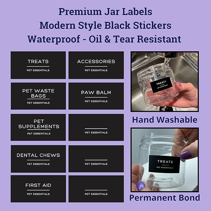 Dog Treat Holder for Wall Storage for Pets, Premium Pet Wall Organizer, Includes Two 16oz Airtight Dog Treat Jars, 3 Sets of Triple Hooks, Sturdy Shelf in Modern Black