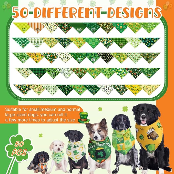 Chunful 50 Pcs St. Patrick's Day Dog Bandanas Bulk with Sayings Dog Bandanas Triangle Scarf Puppy Bibs Pet Costume Adjustable Cat Outfit Washable Bids Kerchief for Small Medium Pet