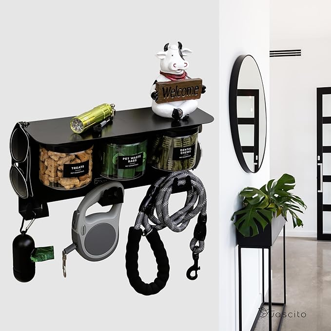 Dog Treat Holder For Wall Storage For Pets, Premium Pet Wall Organizer, Includes Three 16oz Airtight Dog Treat Jars, 3 Sets of Triple Hooks, Sturdy Shelf in Modern Black