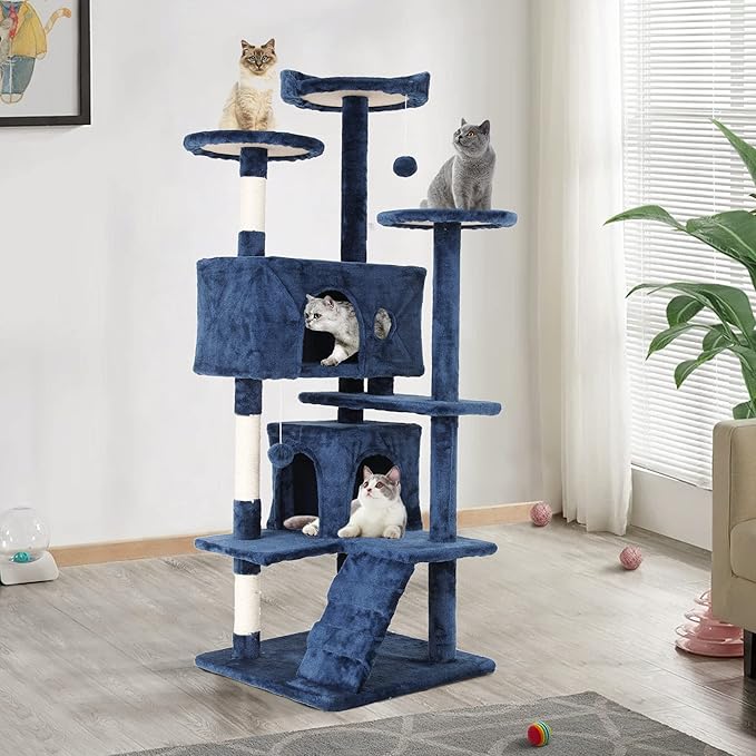 Heavy Duty Cat Tree Tower, 54" Tall Cat Tower for Indoor Cats with Cat Scratching Post with Bed, Cat Condo, Hanging Ball, Multi-Level Cat Climbing Tower Cat Trees Furniture Activity Center, Navy Blue