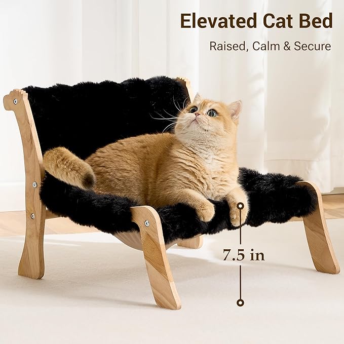 Solid Wood Cat Couch Bed for Indoor Cats, Modern Cat Sofa with Ultra-Soft Plush Surface Washable, Reclined Backrest, Elevated Elevated Cat Lounge Furniture for Small to Adult Pets, Sheen Black